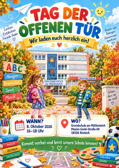 Plakat zum Tag der offenen Tür der Grundschule am Mühlenteich am 8. Oktober 2026 von 16 bis 18 Uhr